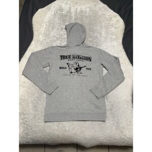 True Religion Hoodie Sweatshirt Boys Medium Gray Full Zip Pockets Buddha Logo